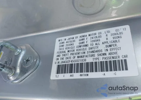 2012 Acura Tsx 2.4 из США, поврежденный, VIN JH4CU2F45CC021838